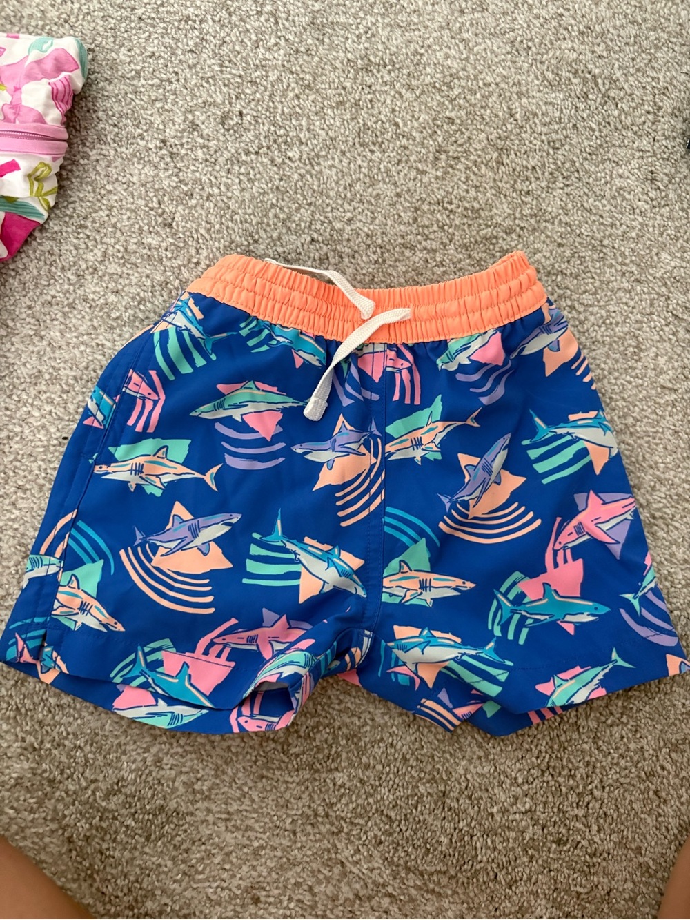 chubbies Kids Swim Trunks in Blue with Coral, Pink and Mint Shark Print